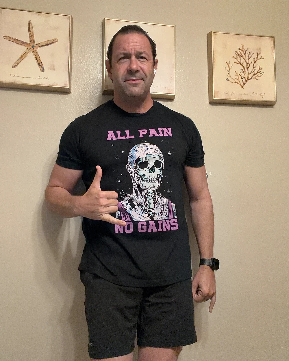 Coach Rob wearing his Pirates-inspired workout shirt