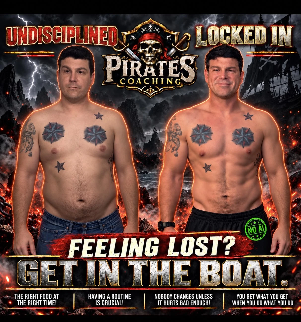 Pirates Coaching before-and-after poster: Undisciplined to Locked In, with the message Feeling lost? Get in the boat.